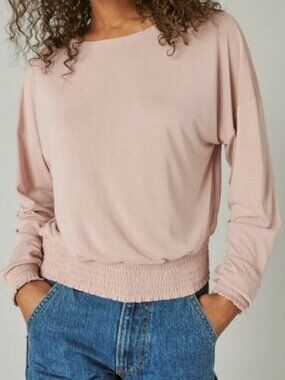 Lucky Brand Sandwash Long Sleeve Tee Women's Large Rose Smocked Waist and Cuffs